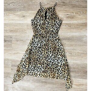 Aqua Sz XS Leopard Print Asymmetrical Blouson Elastic Waist Keyhole Halter Dress